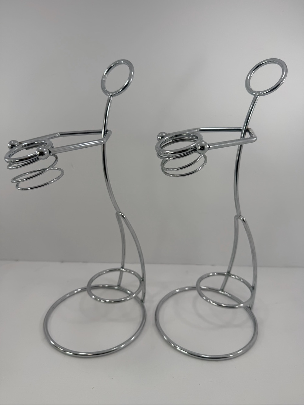 *2* Vintage Post Modern Chrome Stick Figure Wine Holders 13.5” Tall Retro MCM